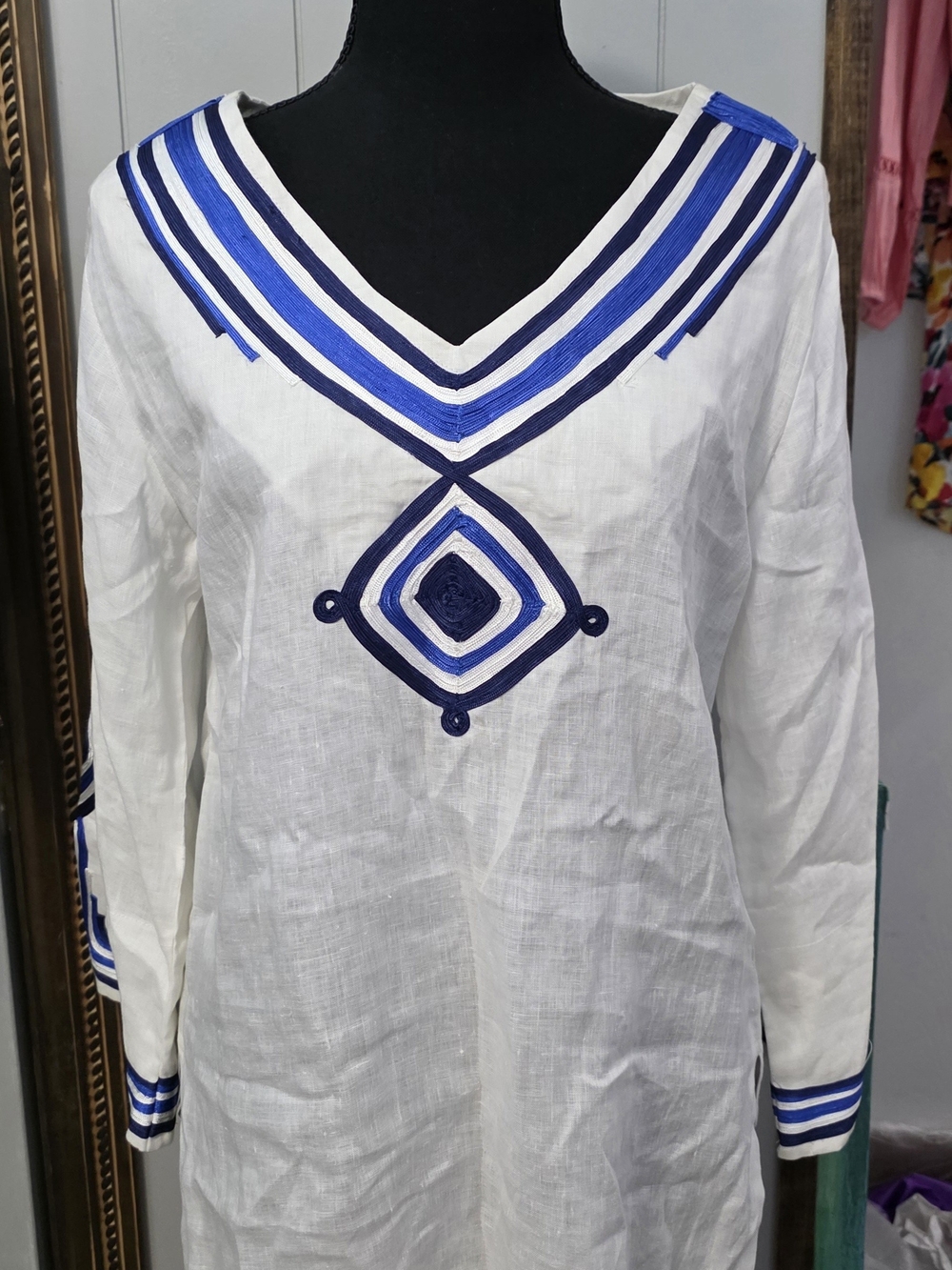 White Tunic Top with Blue Embroidered V-Neck